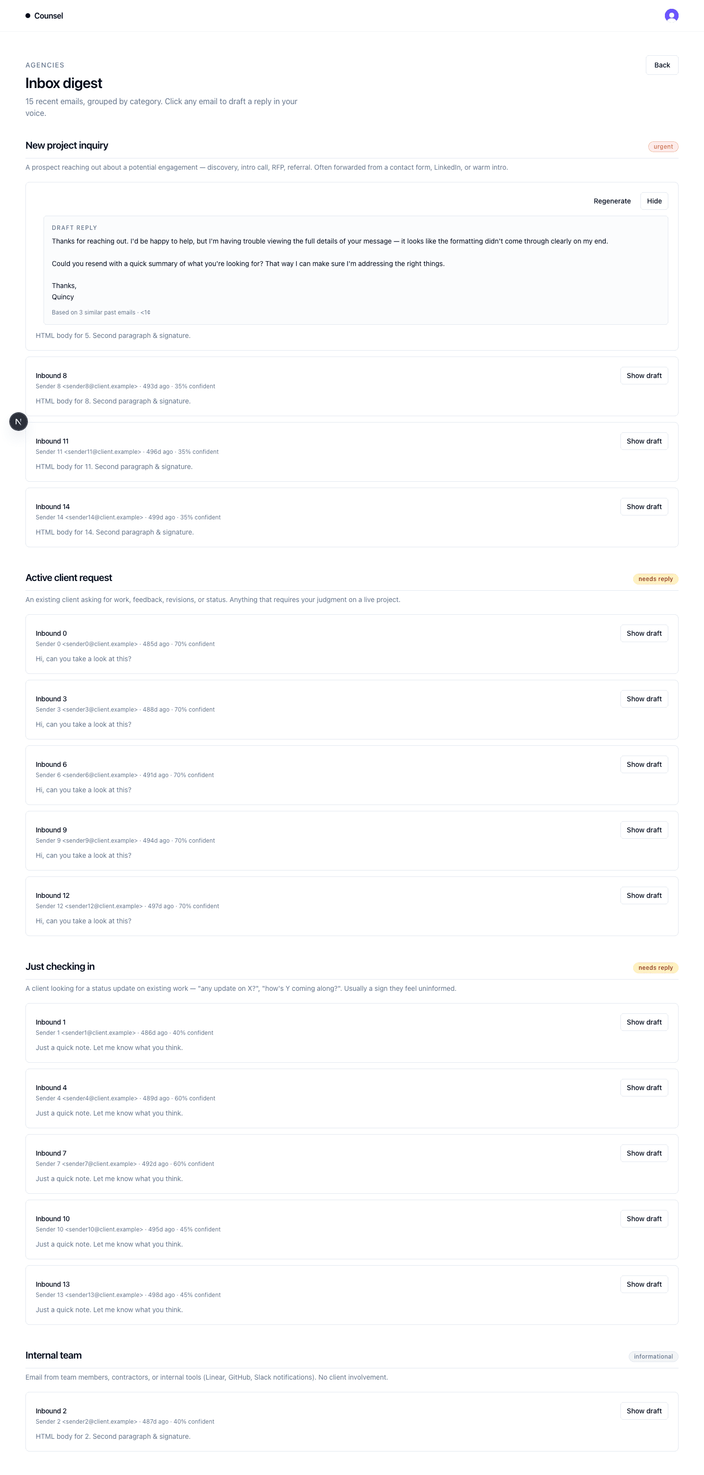 Inbox digest grouped by category with an expanded draft reply