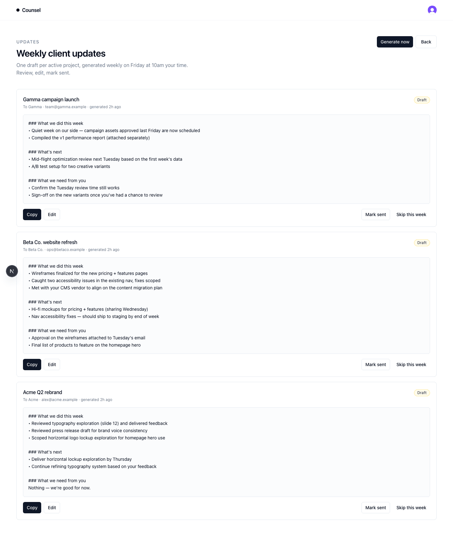 Weekly client status updates page with three drafts