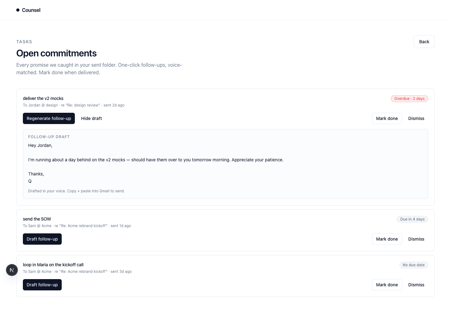 Open commitments with a follow-up draft expanded
